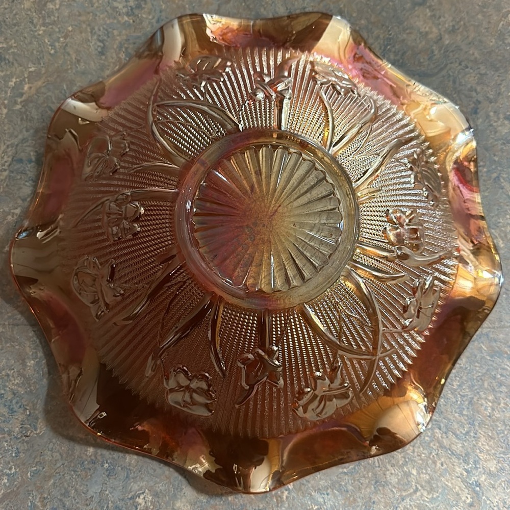VINTAGE 1950'S MARIGOLD IRIDESCENT CARNIVAL GLASS BOWL - WAVY EDGE PATTERN - Picture 3 of 6